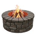 Circular stone fire pit with burning wood flames and embers isolated on white background Royalty Free Stock Photo