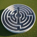 Circular stone labyrinth set on a grassy field, featuring high walls forming a complex maze Royalty Free Stock Photo