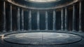 A circular stone platform surrounded by tall dark columns creates an impressive architectural space Royalty Free Stock Photo