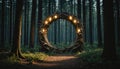 A circular structure made of branches and lit by glowing orbs stands in a dense, dark forest Royalty Free Stock Photo