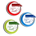 Circular symbol of transport with silhouette of truck, lorry. Red, blue and green design.