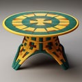 Circular Table With Green, Yellow, And Blue Woven Details