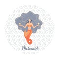 Circular vector illustration of a meditating mermaid with flowing hair at the bottom of the ocean with shells in her hands Royalty Free Stock Photo