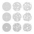 Circular vector lines, circle concentric pattern design. Round graphic black ripple background. Abstract geometric vortex ring