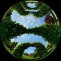 Circular view of green garden arches on a summer sunny day. Wide-angle fisheye lens