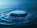 Circular water ripple effect with glowing particles creating mesmerizing patterns in a tranquil blue environment Royalty Free Stock Photo