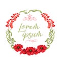 Circular watercolor wreath with bright poppies, red flax flowers and green leaves on white background. Floral wedding