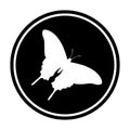 Circular, white butterfly silhouette icon. Monochrome icon design