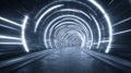 A circular white neon tunnel glowing with bright symmetrical rings in a sci-fi environment Royalty Free Stock Photo