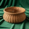 A circular wicker basket with a wide, flat base and slightly flared sides rests on a Royalty Free Stock Photo