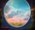 a circular window with surreal and magical landscape ai generated