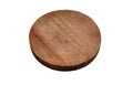 Circular wooden cutting board isolated cutout on white background. Overhead view, copy space Royalty Free Stock Photo