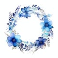 Circular wreath of blue nautical watercolor flowers and leaves for logo, events and wedding