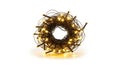 A circular wreath made of small round yellow lights arranged in a star pattern on a white background, creating a warm and inviting Royalty Free Stock Photo