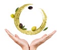Circulate splash of olive oil with olives in female hands. Royalty Free Stock Photo