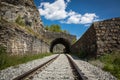 Circum-Baikal Railway. Tunnel and powerful fencing walls. Railway rails in the foreground. Summer sunny day, blue sky Royalty Free Stock Photo