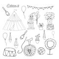 Circus accessories and animals, clown and circus tent