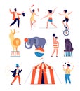 Circus actors. Clown and magician, juggler and balancer, animal trainer and strong man. Shapito circus vector isolated