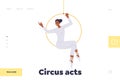 Circus acts landing page design template with charming beautiful woman aerial gymnast on hoop