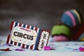 Circus admission ticket and juggling balls Royalty Free Stock Photo