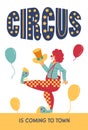 Circus advertisement poster or banner with funny clown and balloons, flat vector illustration. Royalty Free Stock Photo