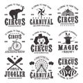 Circus amazing show set of vector black emblems Royalty Free Stock Photo