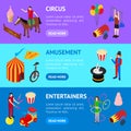 Circus Amusement and Attraction Banner Horizontal Set Isometric View. Vector