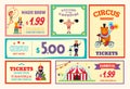 Circus amusement banner poster card tickets set vector illustration. Different circus performances carnival, magic show
