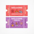 Circus and Amusement Park Tickets Flat Icon Set. Vector