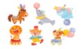 Circus Animals with Elephant Balancing on the Ball and Clown Dancing Vector Set Royalty Free Stock Photo