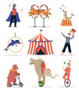 Circus animals. Funny trained animals. Show elements hoops, bollards and balls, circus tent, cartoon bear, elephant and Royalty Free Stock Photo