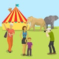 Circus animals and people taking pictures vector illustration. Cartoon people and animals in front of retro circus