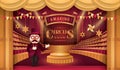 Circus arena and chairs, Premium Gold Curtains Stage, Circus Barker costume with Hat