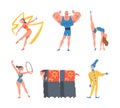 Circus Artist Character with Clown, Strongman, and Gymnast Performing on Stage or Arena Vector Set