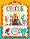 Poster of a circus show. Vector illustration. Circus artists and trained animals. Royalty Free Stock Photo