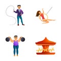 Circus artist icons set cartoon vector. Aerialist animal trainer and strongman