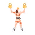 Circus artist performing at show, carnival party. Strongman lifting kettlebells cartoon vector illustration