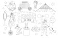 Circus Artists, Animals and Objects Outline Monochrome Vector Icons Set. Amusement Show Clown, Marquee, Strongman Royalty Free Stock Photo