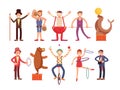 Circus artists cartoon characters vector set. Acrobat and strongman, magician, clown, trained animals Royalty Free Stock Photo