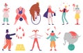 Circus artists. Juggler artist, acrobat, magician performer, strongman, clown and trained animals vector illustration Royalty Free Stock Photo