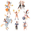 Circus artists performing at show, carnival party set. Magician, mime, strongman, acrobat doing tricks cartoon vector