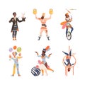 Circus artists performing at show set. Magician, strongman, clown, acrobat doing tricks vector illustration Royalty Free Stock Photo