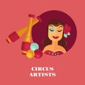 Circus artists promo posterwith female juggler and equipment