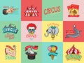 Circus badge. Vintage Carnival logos or emblems. Label for the festival banner and show. Harlequin with animals. retro Royalty Free Stock Photo