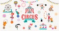 Circus banner and background with tent, monkey, air balloons, gymnastics, elephant on ball, lion, jugger and clown Royalty Free Stock Photo