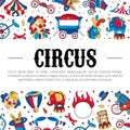 Circus banner template with space for text. Circus show banner, poster, invitation card with carnival objects seamless Royalty Free Stock Photo