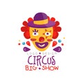 Circus big show logo design, carnival, festive, show label, badge, design element with funny clown can be used for Royalty Free Stock Photo