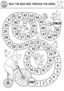 Circus black and white dice board game for children with bear on bicycle riding through the arena. Amusement show line boardgame.