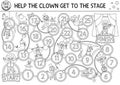 Circus black and white dice board game for children with clown going to stage. Amusement show or holiday line boardgame.