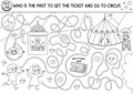 Circus black and white maze for kids with boy, girl, ticket. Amusement show line preschool printable activity with clown, marquee